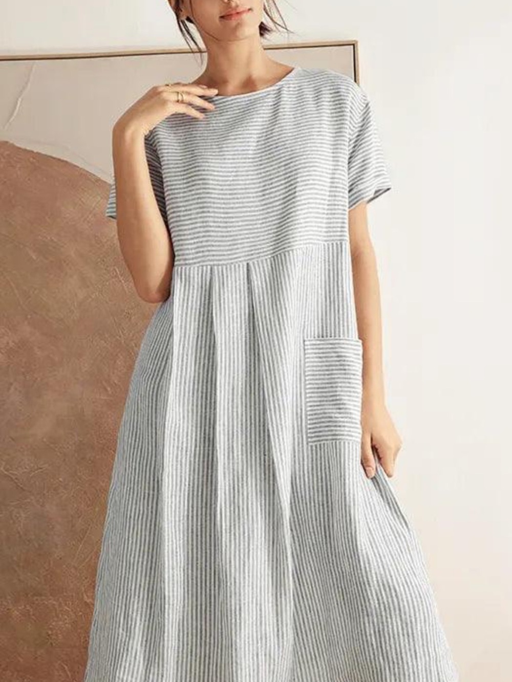 100% Linen Pinstripe Paneled Short-Sleeved Dress MORGAN Size XL